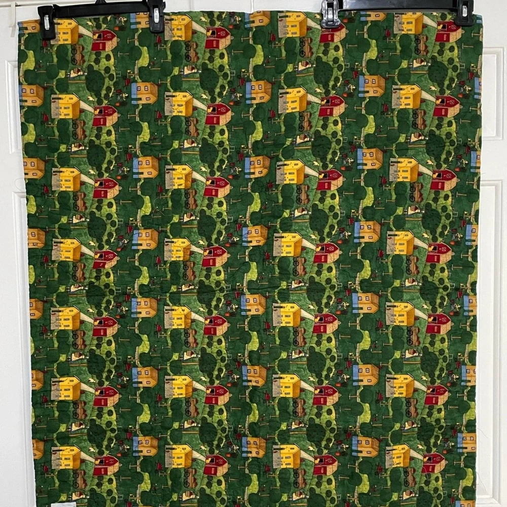 Handmade Lap Quilt‎ Cottacore Yellow Check Village Scene Green Border